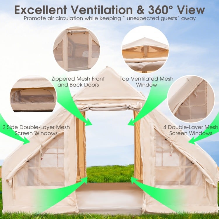 Inflatable camping tent with double-layer mesh windows, beige color, designed for 4-6 people, ideal for family camping.