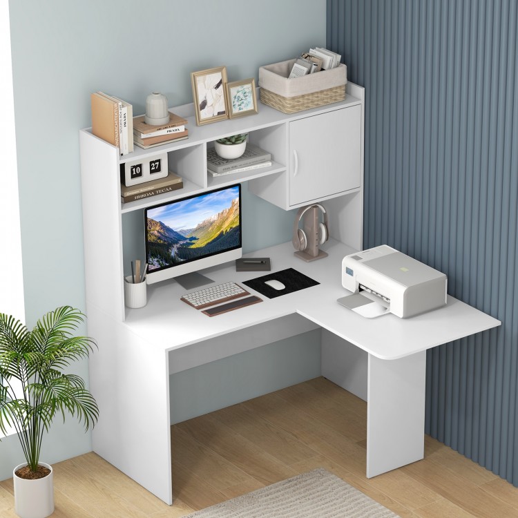 L-shaped white computer desk with open storage hutch and cabinet, ideal for home office or study setup.
