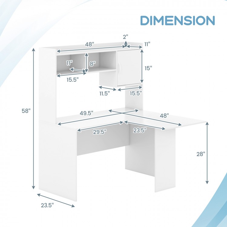 L-shaped white computer desk with open storage hutch and cabinet, featuring dimensions for a clutter-free workspace.