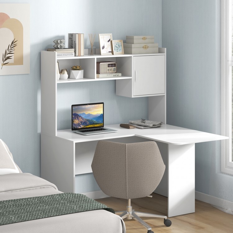 L-shaped white computer desk with open storage hutch and cabinet, ideal for studying or gaming in a modern workspace.