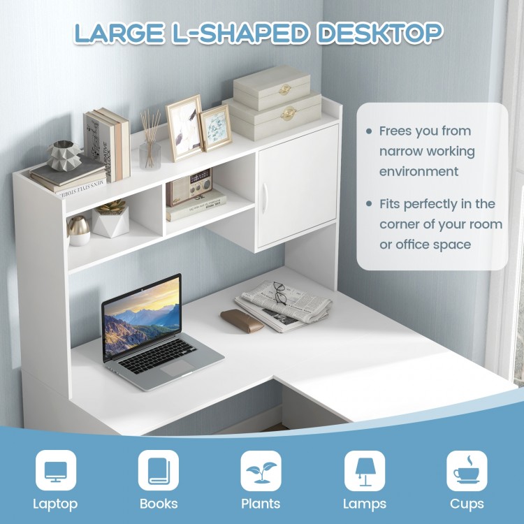 L-shaped white desk with open storage hutch, ideal for home office, providing ample workspace and storage solutions.