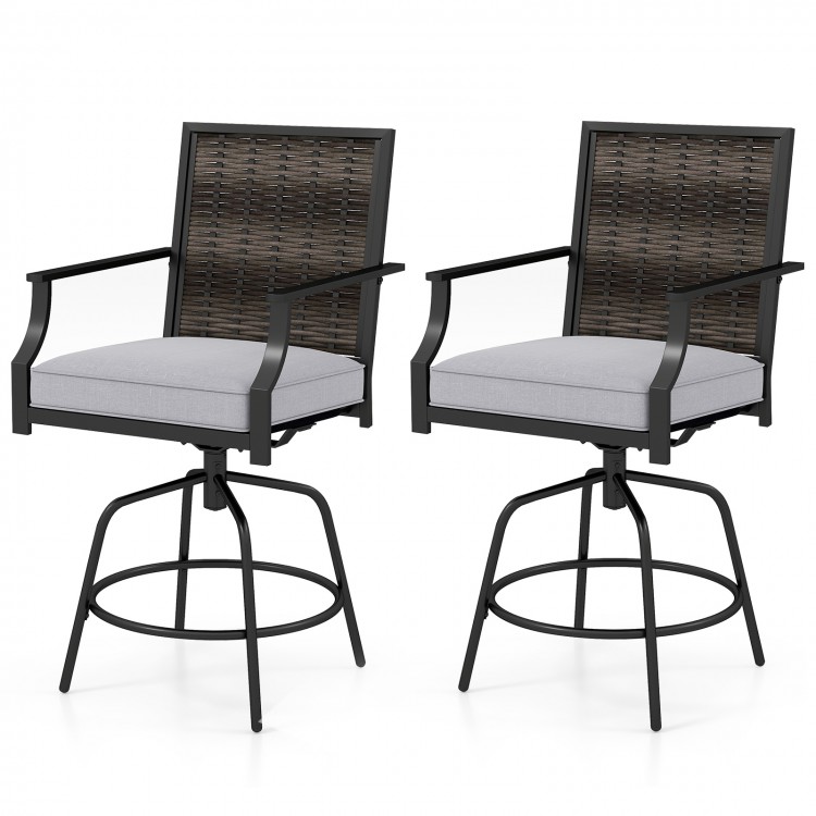 Set of 2 outdoor PE wicker swivel bar stools with grey cushions, featuring a sturdy metal frame and cozy armrests for.