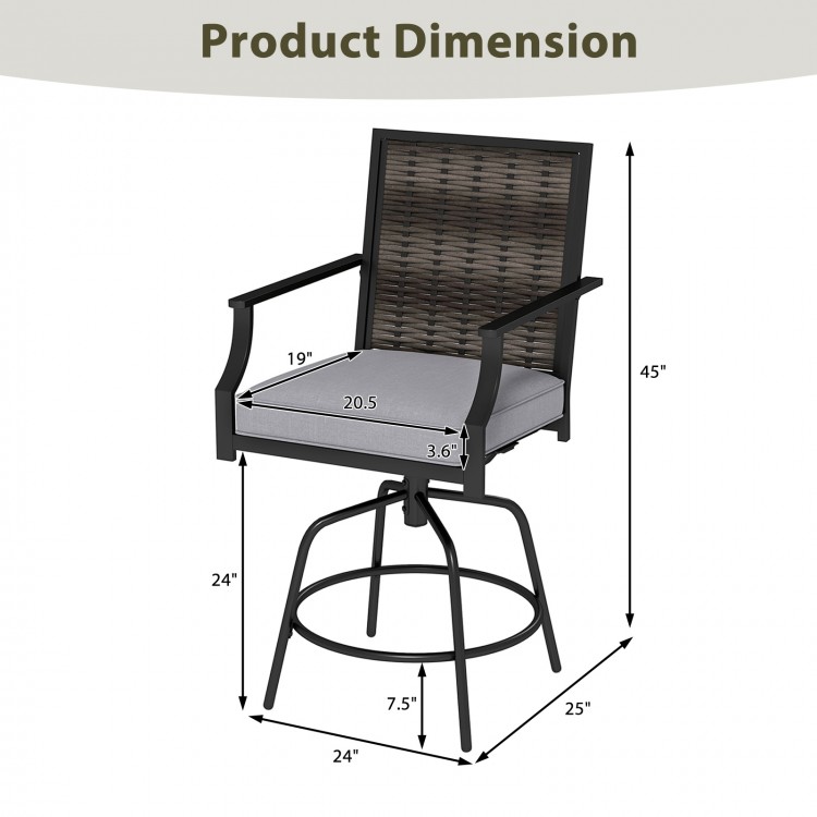 Dimensions of Outdoor PE Wicker Swivel Bar Stool with back, featuring a sturdy metal frame and soft grey cushion for.