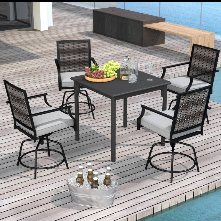 Outdoor PE wicker swivel bar stools set of 2 with grey cushions, perfect for patio dining and relaxation.