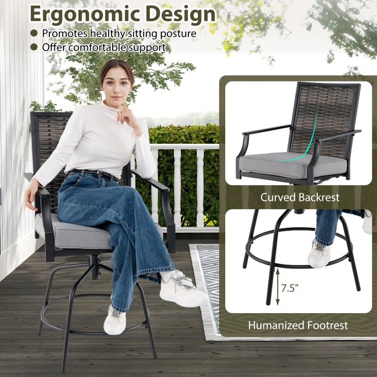Swivel bar stool set featuring ergonomic design, PE wicker, and cozy cushions, perfect for patio or garden relaxation.