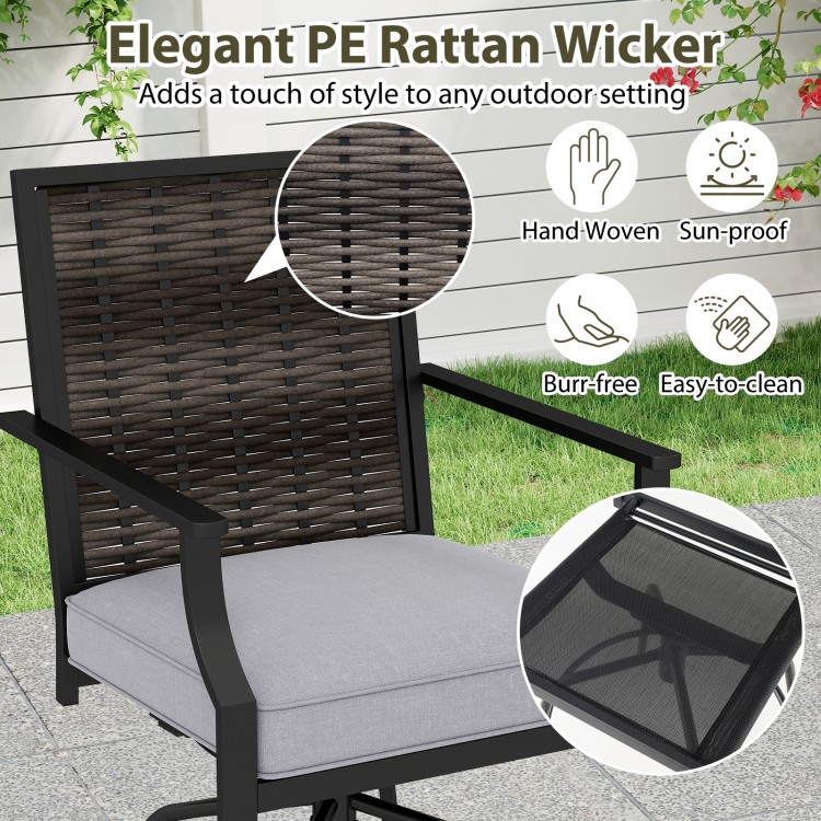 Outdoor PE wicker swivel bar stool set with grey cushions, featuring a sturdy metal frame and 360° swivel for patio.