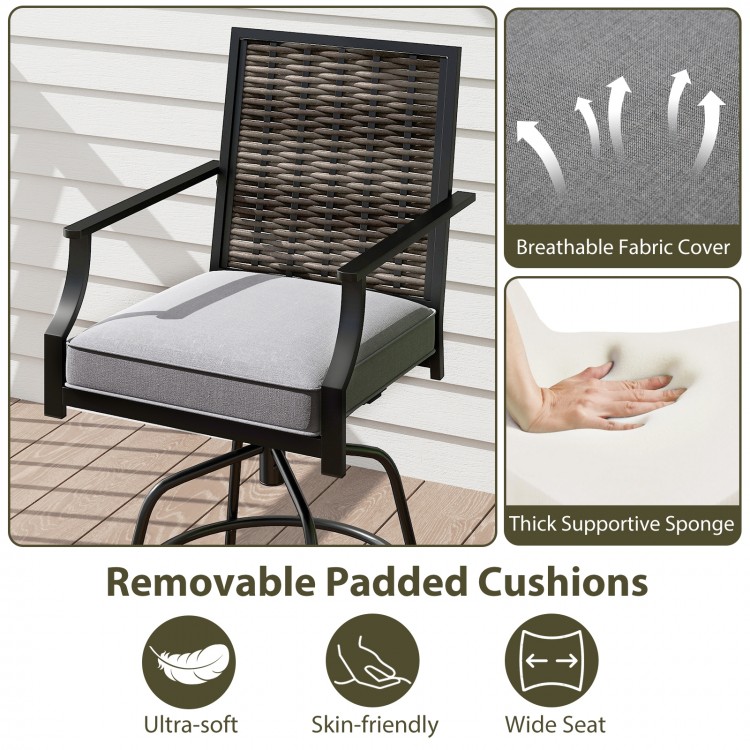 Removable padded cushion on a grey outdoor PE wicker swivel bar stool with breathable fabric for patio comfort.