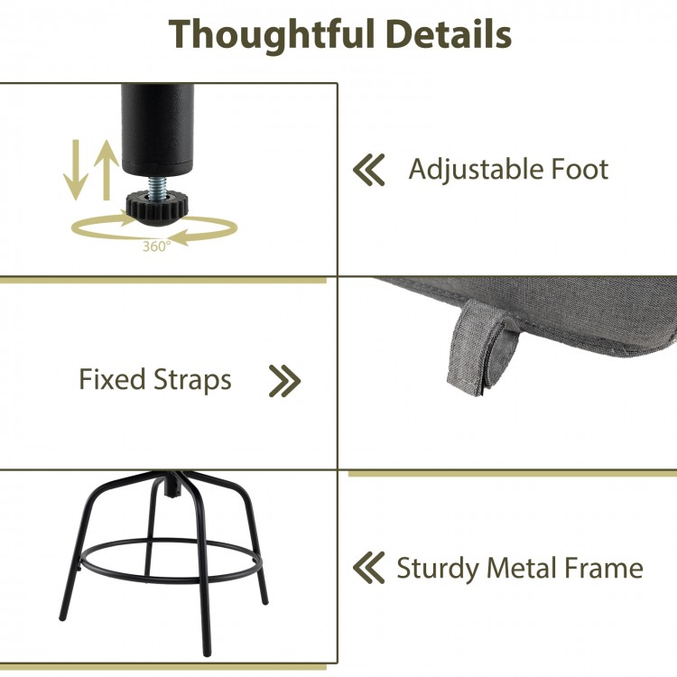 Adjustable foot and sturdy metal frame detail of grey outdoor PE wicker swivel bar stool for patio comfort.