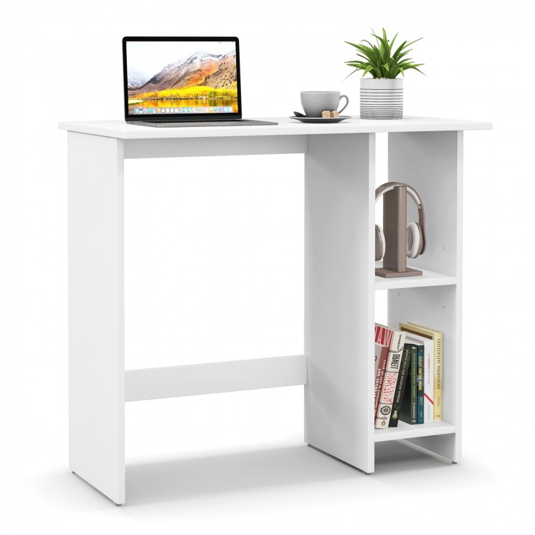 Small white computer desk with adjustable shelf, ideal for small spaces, featuring a modern design and ample storage.