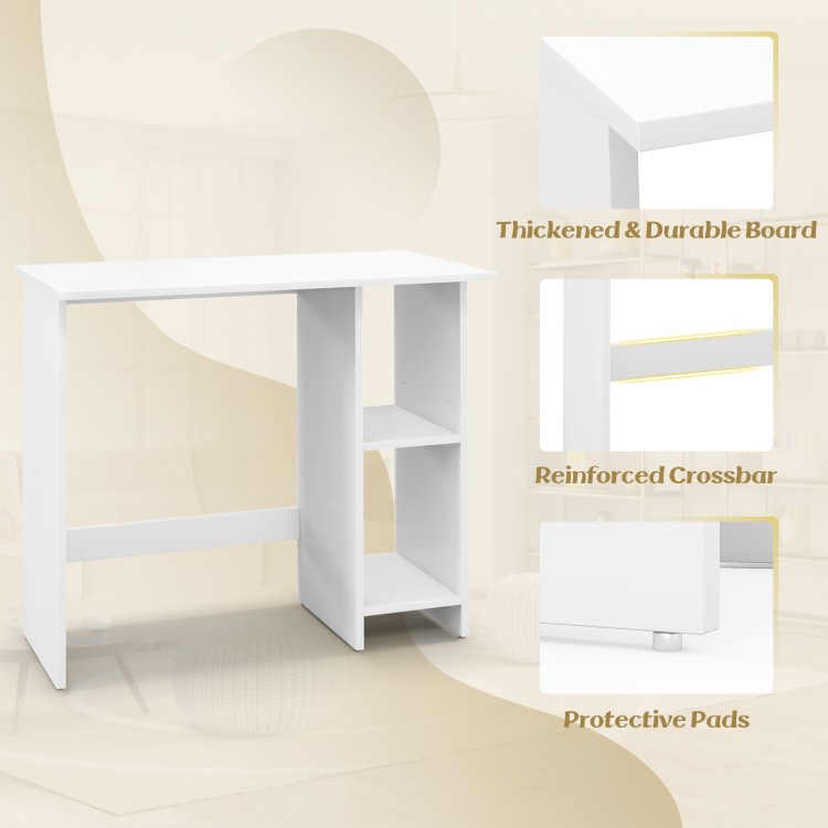 Small white computer desk with adjustable shelf, thickened board, and protective pads for stability in small spaces.