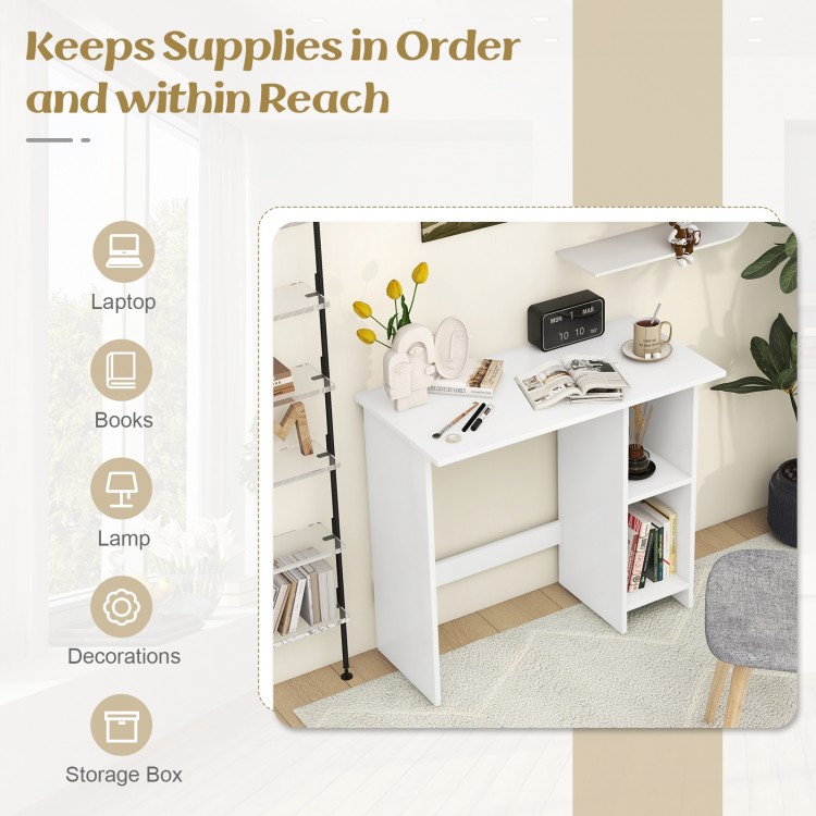 Small white computer desk with adjustable shelf, perfect for space-saving in small apartments and home office.