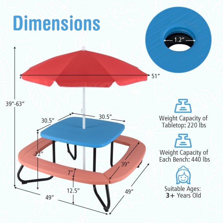 Toddler outdoor activity table with blue top, red umbrella, and heavy-duty metal frame, suitable for up to 8 kids.