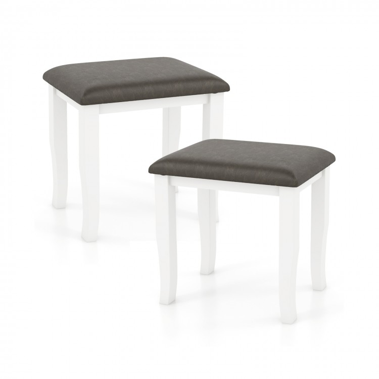 Set of 2 gray faux leather vanity stools with white solid wood legs, ideal for makeup rooms and living spaces.
