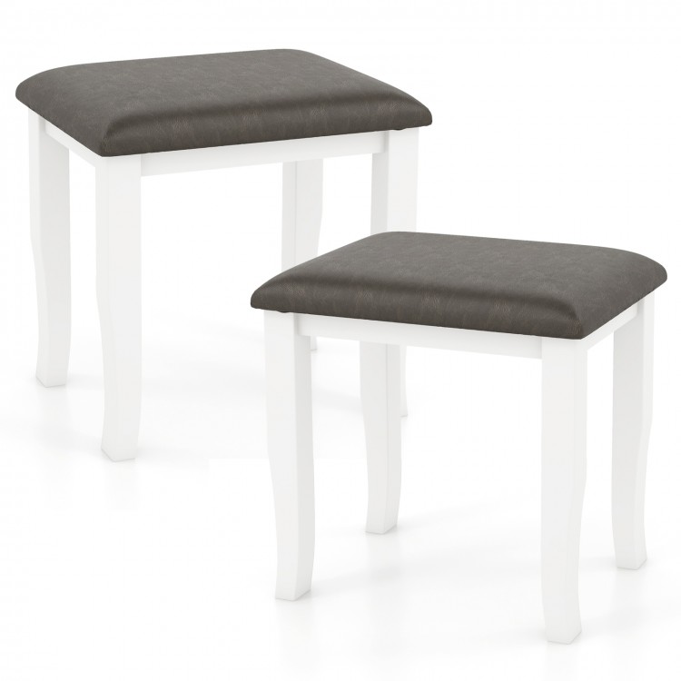 Set of 2 gray faux leather vanity stools with white solid wood legs, perfect for makeup rooms and living spaces.