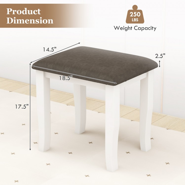 Gray faux leather vanity stool with white legs, measuring 18.5" x 17.5", ideal for makeup rooms or living spaces.