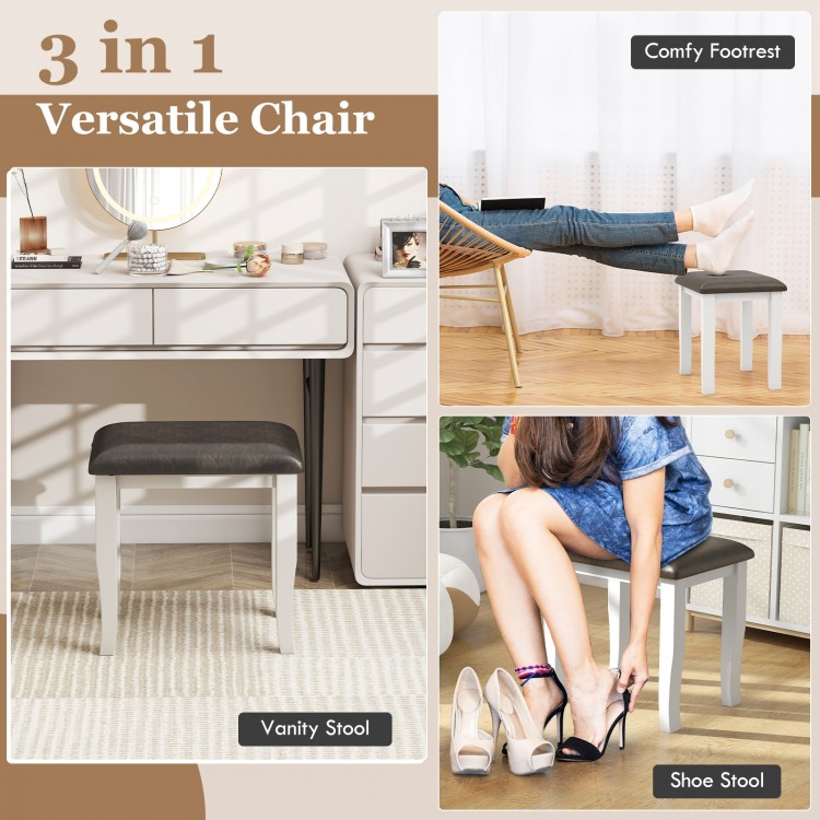 Gray and white faux leather vanity stool set of 2, versatile for makeup room or living room, with sturdy wood.