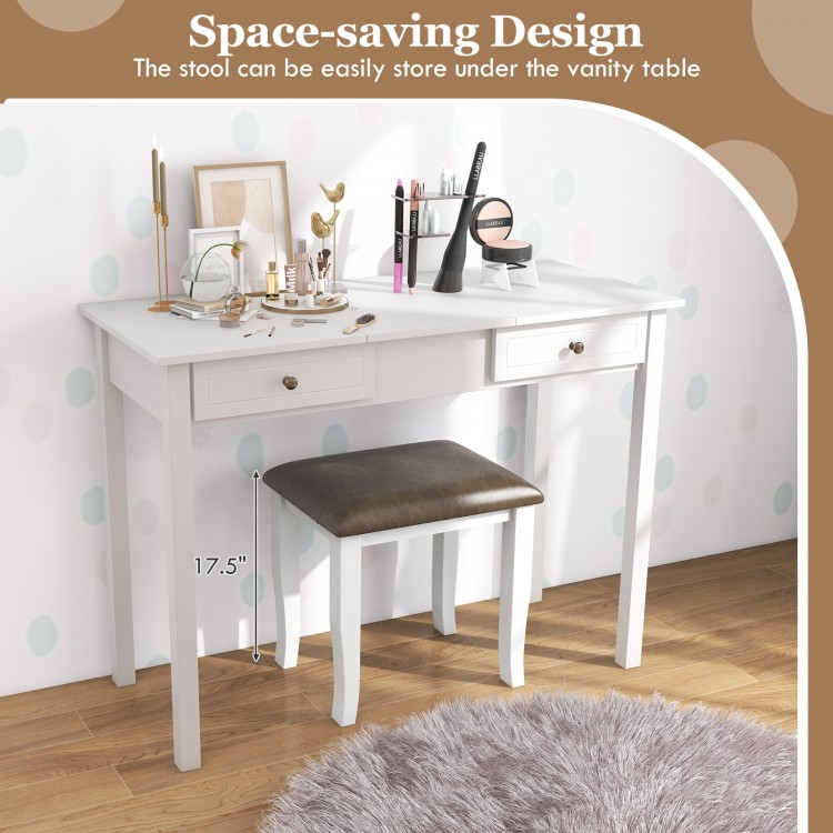Gray faux leather vanity stool with solid wood frame, designed for makeup rooms and living spaces, featuring a.