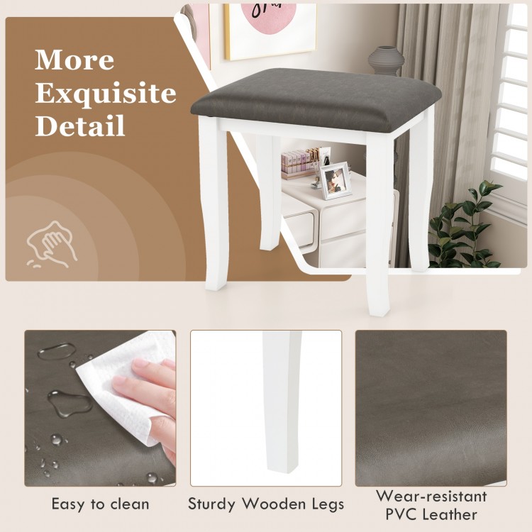 Gray faux leather vanity stool with sturdy white wooden legs, ideal for makeup rooms and living room use.