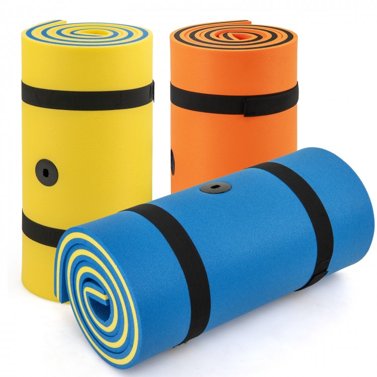 Blue 7' x 2' water mat with safety tether and pillow design, ideal for lakes, pools, and beach relaxation.