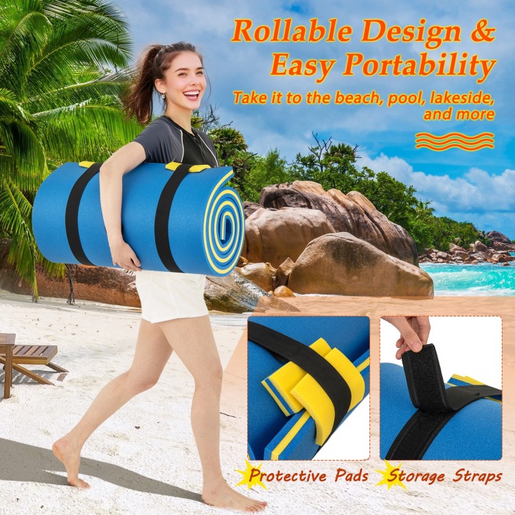 Blue 7' x 2' water mat with safety tether and pillow design, ideal for beach, pool, and lakeside relaxation.