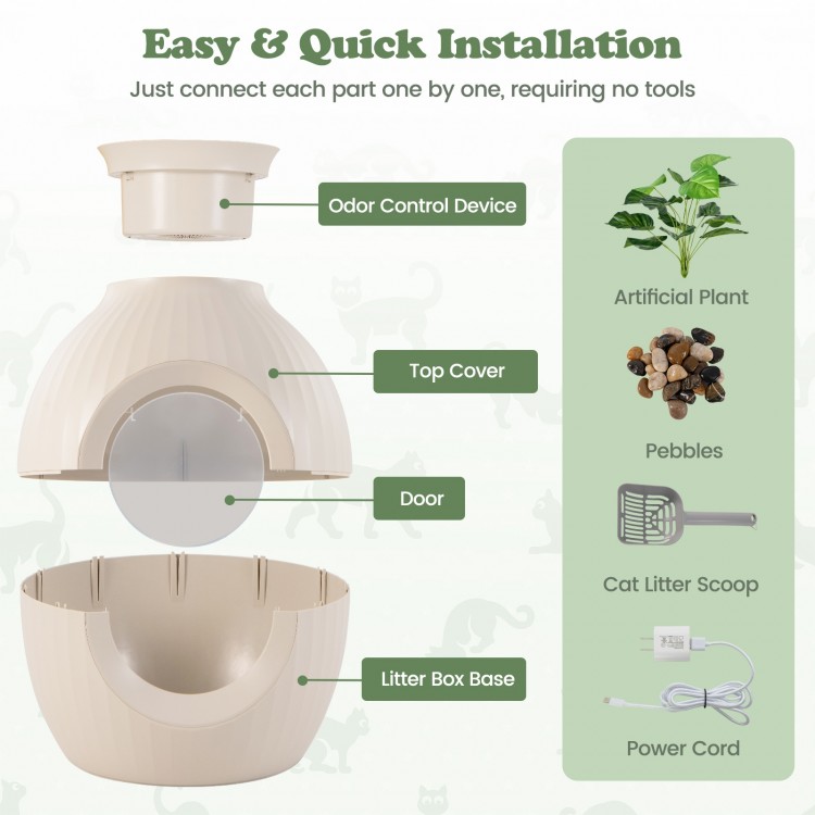 Smart Plant Cat Litter Box components including odor control device, top cover, and litter box base for easy.