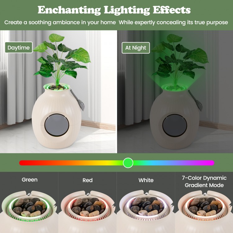 Smart plant cat litter box in beige with electronic odor removal and soothing lighting effects for home decor.