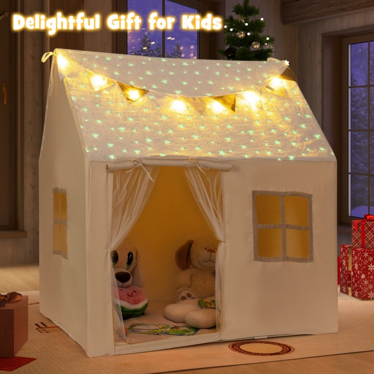Kids play tent with glow in the dark stars, roll-up door, and removable padded mat for cozy indoor play.
