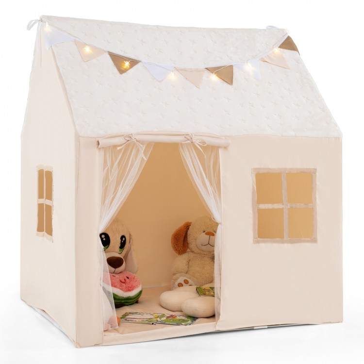 Kids play tent in beige with glow in the dark stars, featuring a roll-up door, mesh windows, and a removable padded mat.