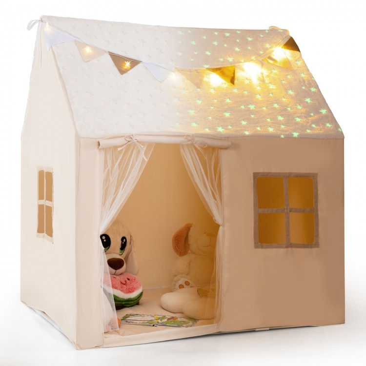 Kids play tent with glow in the dark stars, beige fabric, roll-up door, and colorful flags, perfect for imaginative.