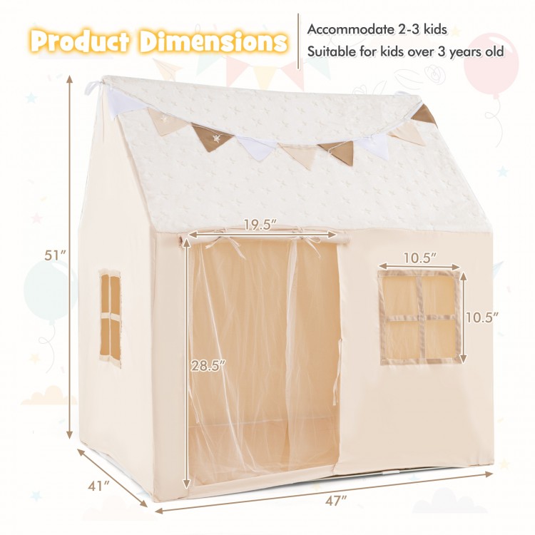 Kids play tent in beige with glow in the dark stars, featuring roll-up door and mesh windows for ventilation.