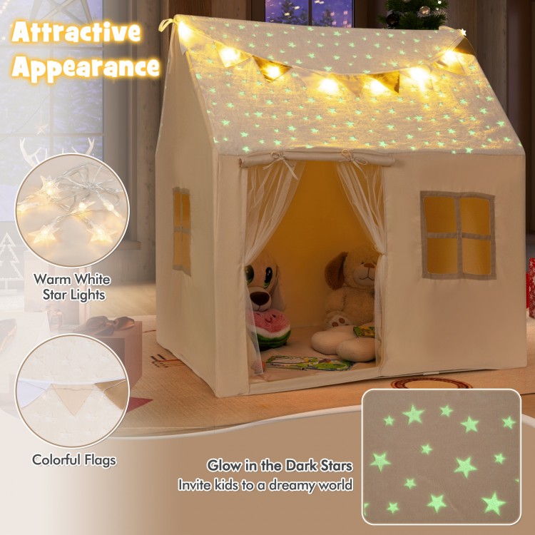 Kids play tent with glow in the dark stars, warm white lights, and colorful flags, perfect for imaginative play.