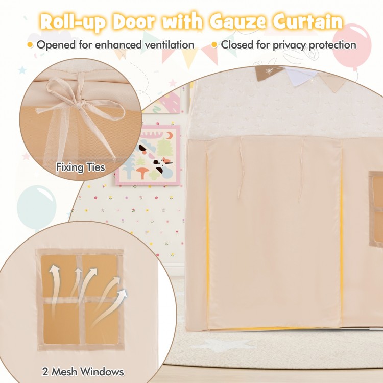 Kids play tent with roll-up door and gauze curtain, featuring breathable mesh windows and cozy beige fabric for.