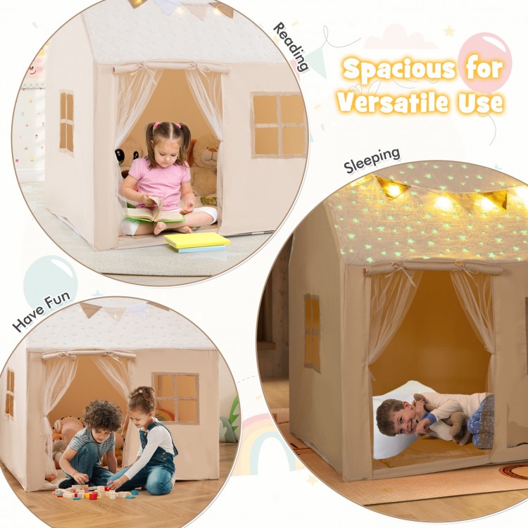 Kids play tent with glow in the dark stars, featuring a roll-up door and cozy mat for versatile use in beige.