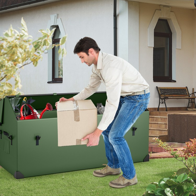Man lifting a box from a waterproof outdoor storage box with ventilated window, ideal for organizing gardening tools.
