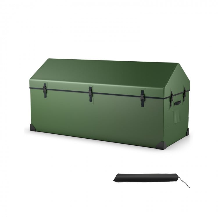 Waterproof outdoor storage box in green with a ventilated window, 174-gallon capacity, and durable metal frame.