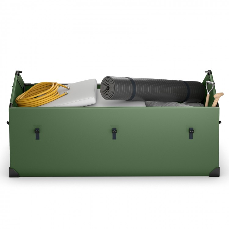 Spacious waterproof outdoor storage box in green, featuring a ventilated window and 174-gallon capacity for gardening.
