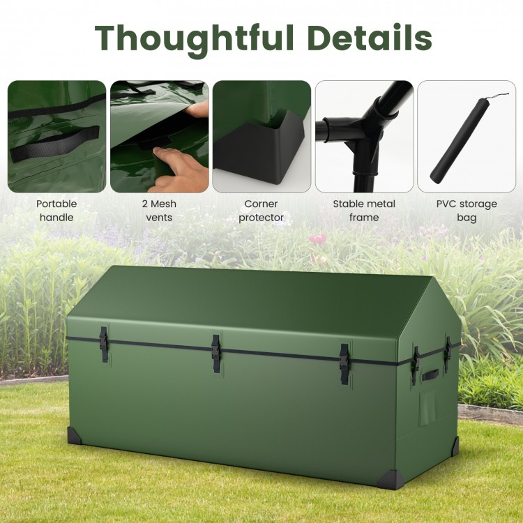 Waterproof outdoor storage box in green with ventilated window, portable handle, and stable metal frame for gardening.