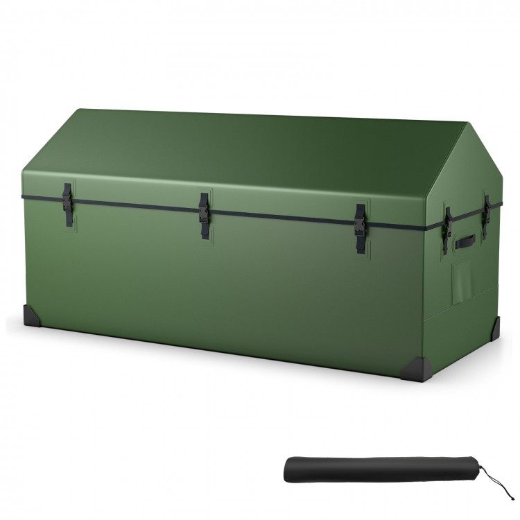 Spacious waterproof outdoor storage box in green with ventilated window and 174-gallon capacity for gardening.