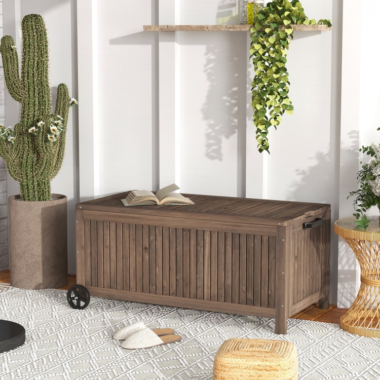 Wood deck box with removable waterproof liner, 56-gallon capacity, ideal for outdoor storage on patios and porches.
