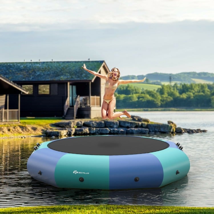 Inflatable 10 feet water bouncer trampoline in blue, perfect for water sports and fun, with a large jumping area.