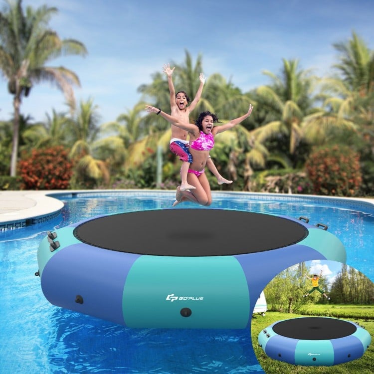 Inflatable 10 feet water bouncer trampoline in blue, ideal for water sports and fun, featuring a large bouncing area.