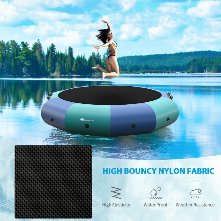 10-foot inflatable water bouncer in blue, made of nylon and PVC, ideal for water sports and sunbathing.