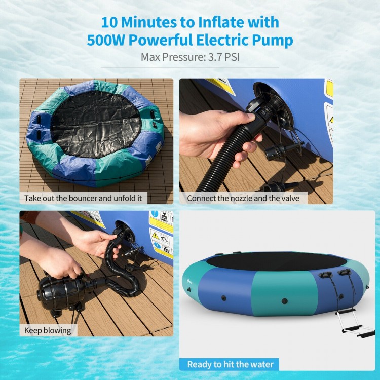 Inflatable 10-foot water bouncer in blue, featuring a large jumping area and included electric pump for quick setup.