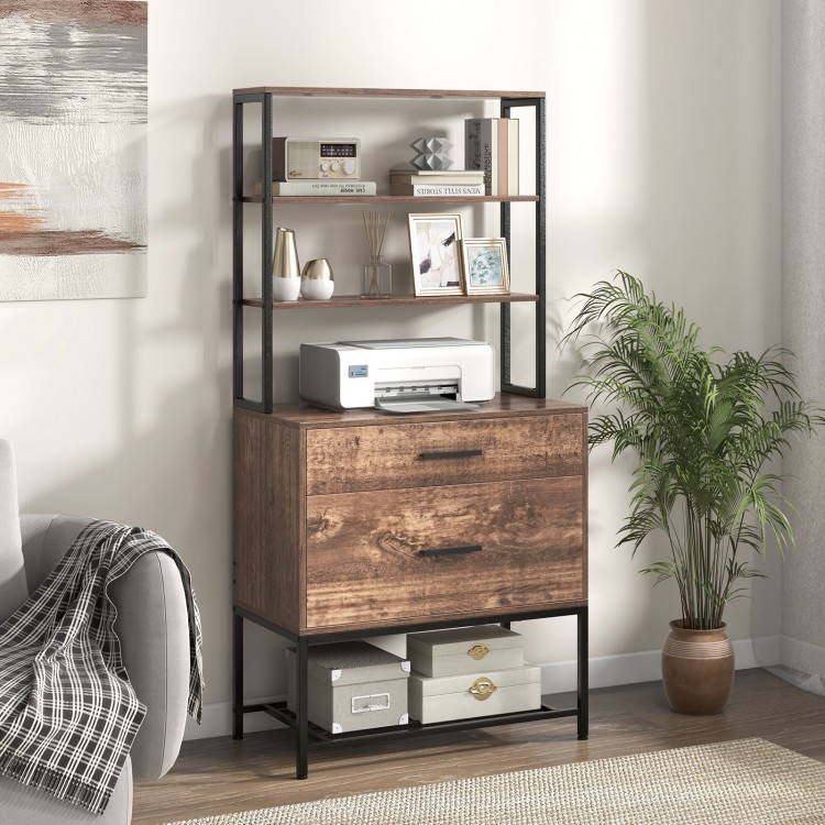Freestanding file cabinet in rustic brown with 3-tier shelves, spacious countertop, and two drawers for file storage.