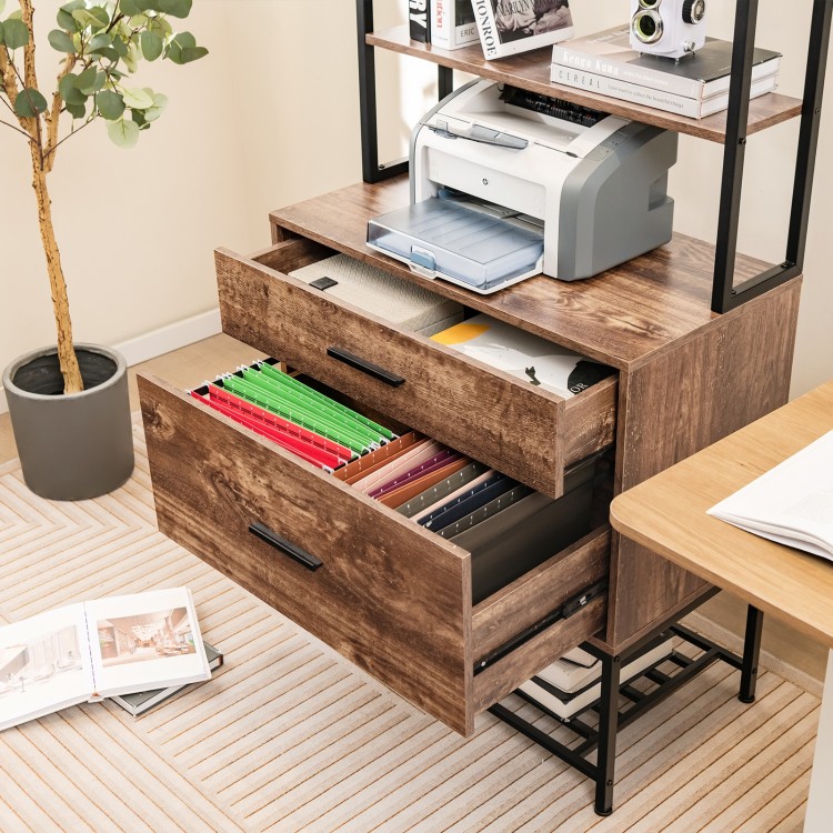 Freestanding file cabinet in rustic brown with two spacious drawers and a 3-tier bookshelf for office organization.