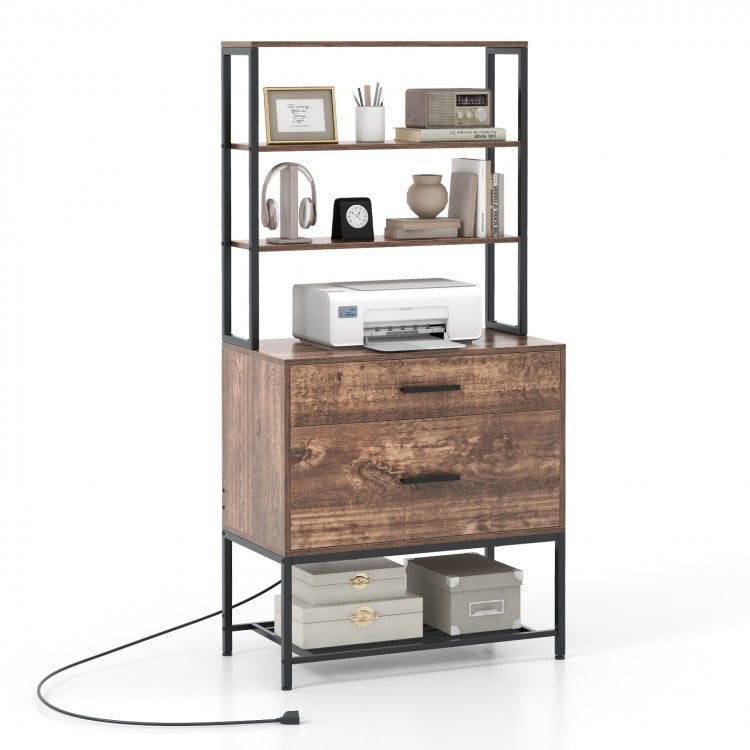 Freestanding File Cabinet with Charging Station and 3-Tier Open Shelves - Gallery View 1 of 10