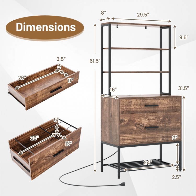 Freestanding file cabinet in rustic brown with 3-tier shelves, power outlets, and two spacious drawers for storage.