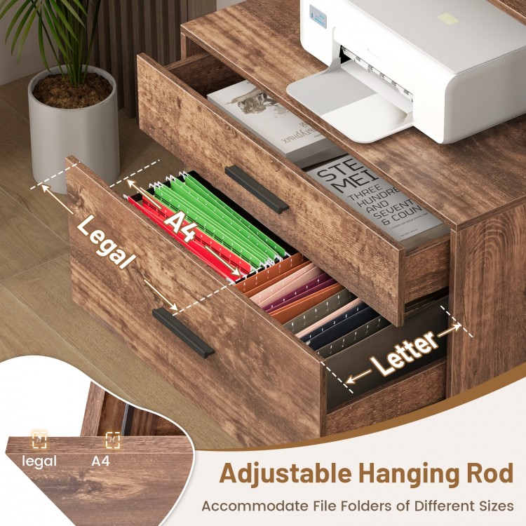 Freestanding file cabinet in rustic brown with adjustable hanging rod for A4 and legal file folders, ideal for office.