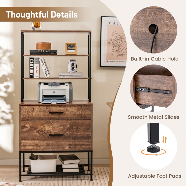 Freestanding file cabinet in rustic brown with 3-tier shelves, charging station, and built-in cable hole for.