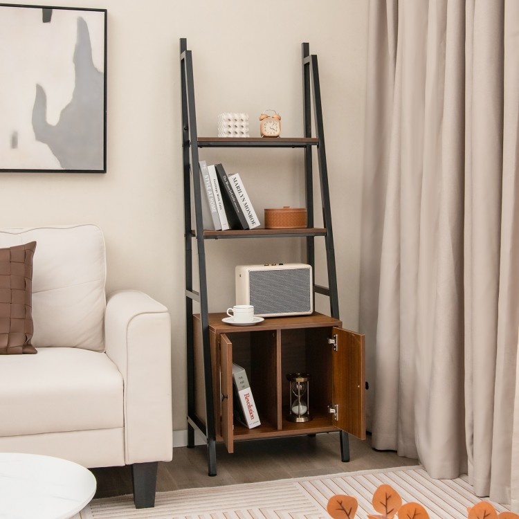 4-tier ladder shelf with rustic brown finish and metal frame, featuring a cabinet for versatile storage in any room.